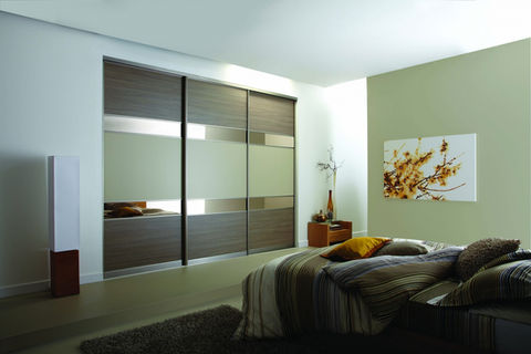 Large sliding wardrobe with olive green and wood panels