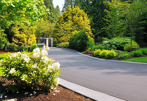 A beautifully finished, winding asphalt driveway bordered by clean stone kerbs, winding past manicured green lawns