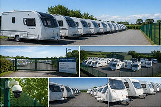 Multiple white caravans are neatly parked in a secured storage facility surrounded by green fencing and trees