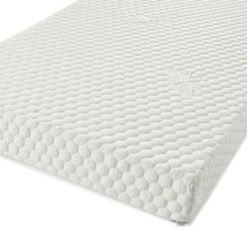 Close-up view of a white mattress featuring a raised geometric surface pattern