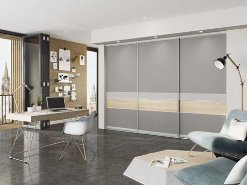 Light grey sliding wardrobes with a horizontal cream stripe