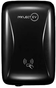 A sleek black Project EV charging unit with a polished surface