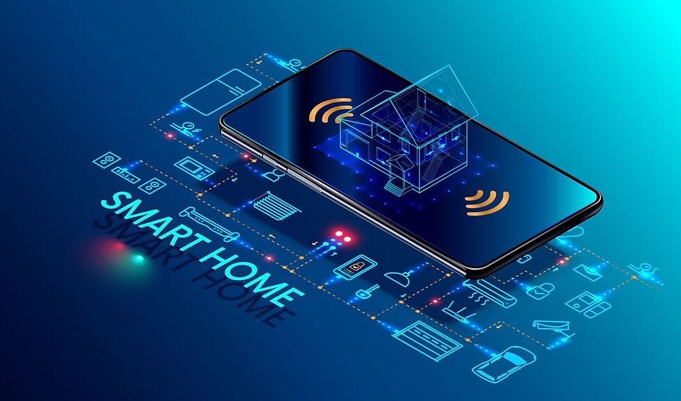 A smartphone displays a 3D hologram of a house with connected smart devices