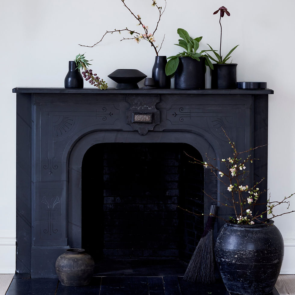 Black tadelakt vase with a bare branch on a dark painted mantel