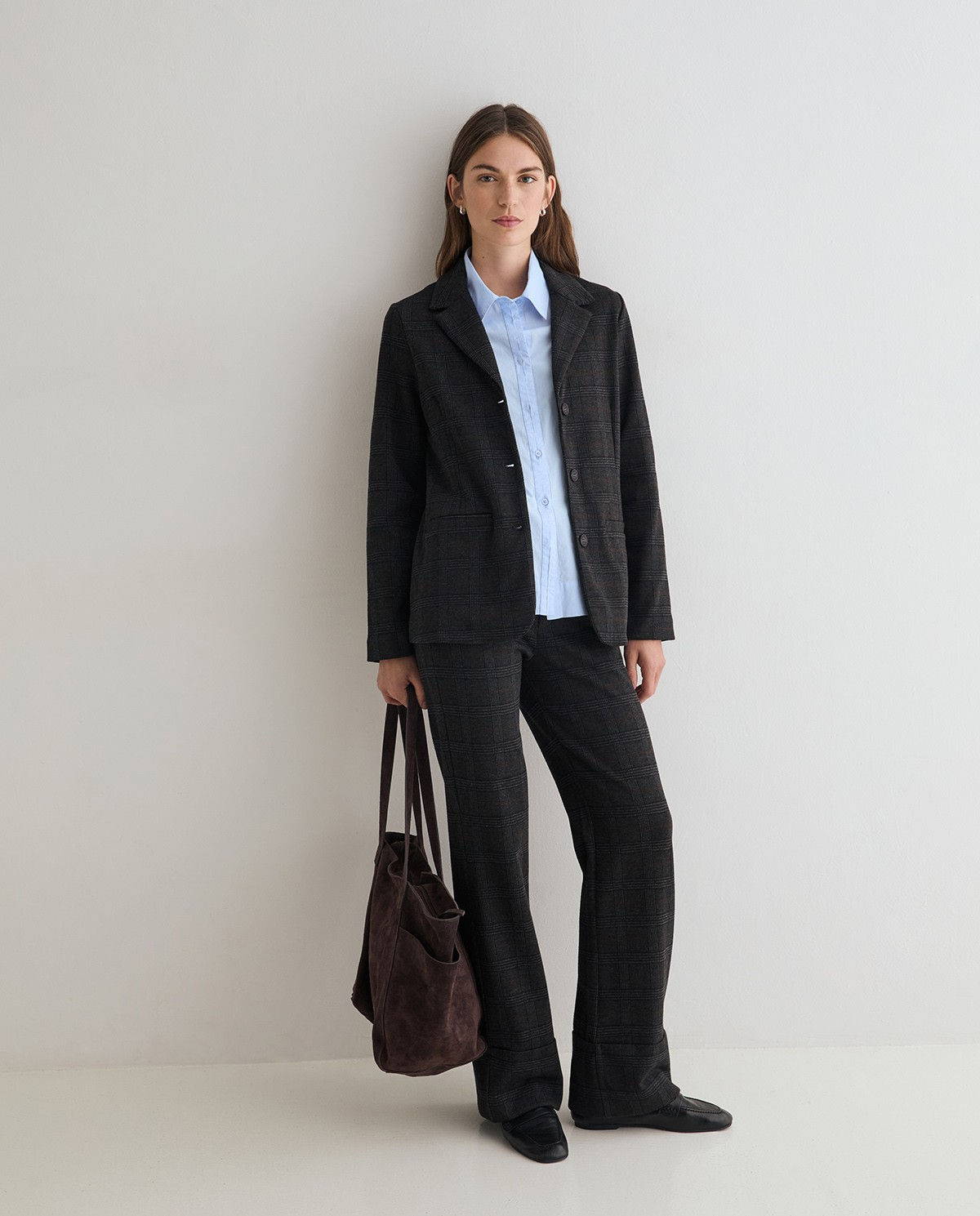 Yerse Dark Grey Check Print Knit Blazer