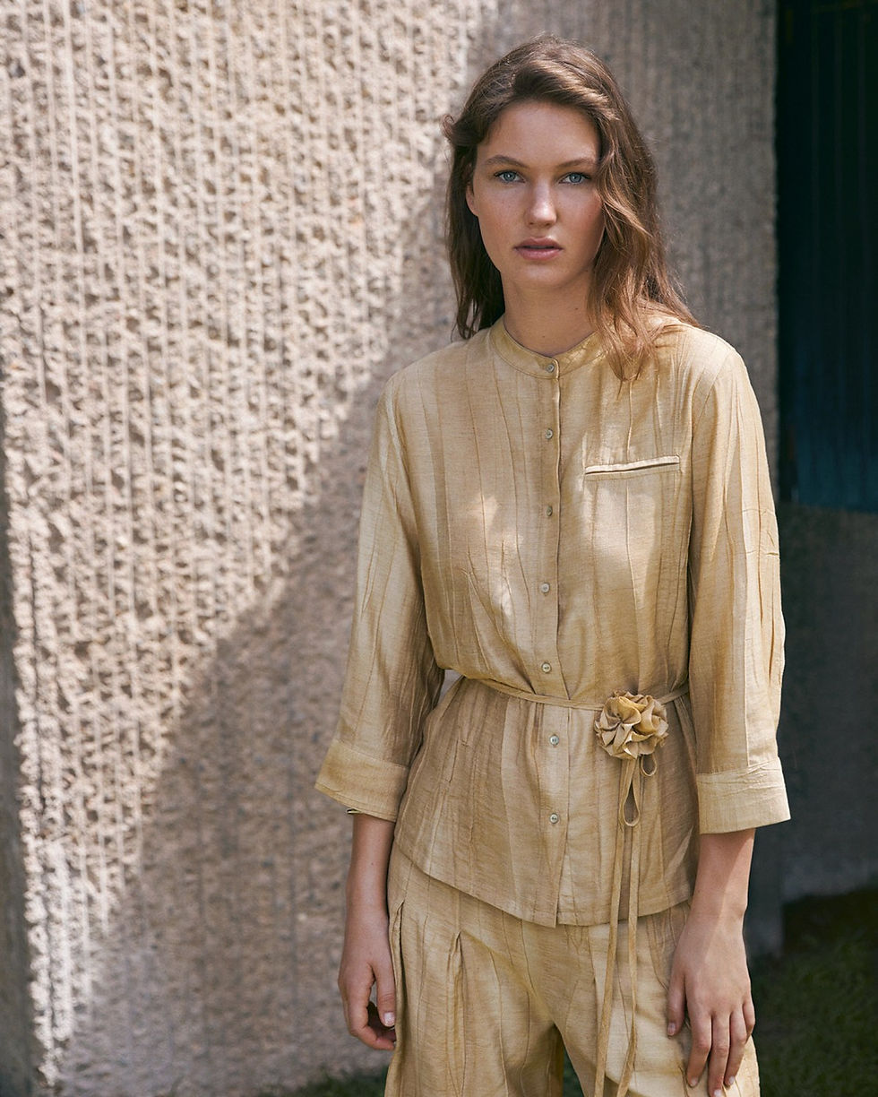 Thumbnail: Yerse Pleated Mao Neck Blouse