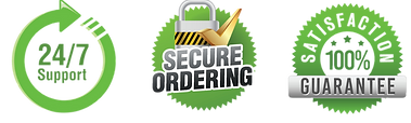 green circular trust badges - 24/7 support secure ordering satisfaction guarantee