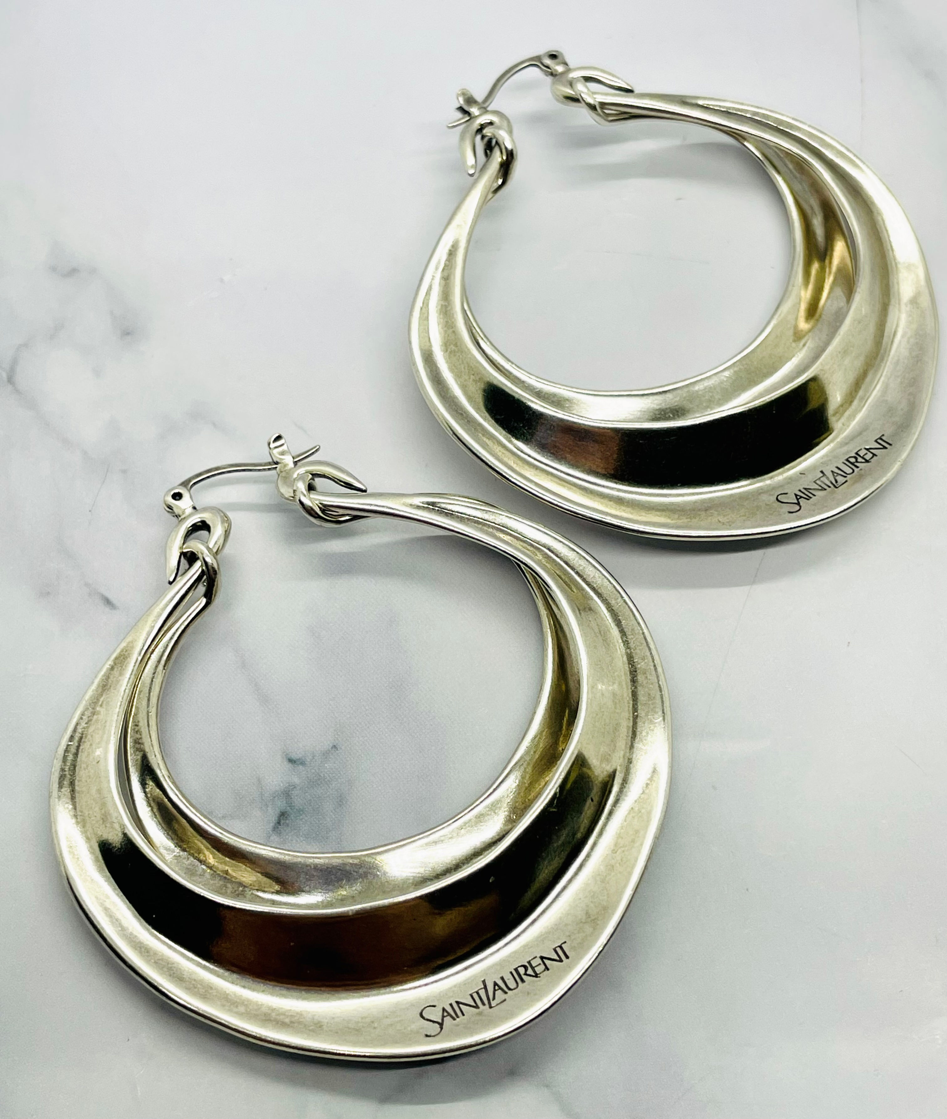 YSL YVES SAINT LAURENT Silver Double Hoop Earrings - Pre owned