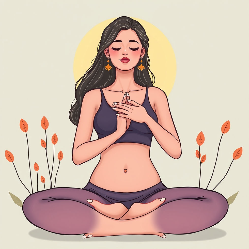 Woman in a serene yoga pose with hands in prayer, eyes closed. Autumn leaves and a sun halo in the background convey tranquility.