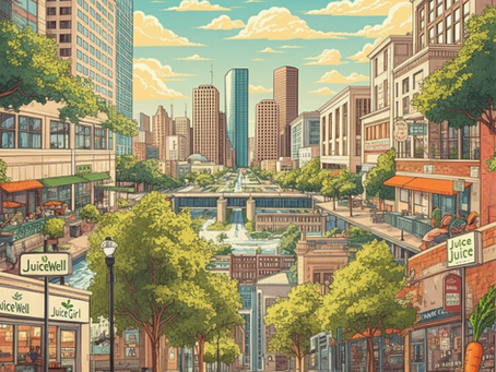 Illustrated cityscape with lush trees, fountains, and skyscrapers under a vibrant sky. Signs read JuiceWell and JuiceGirl, conveying a lively atmosphere.