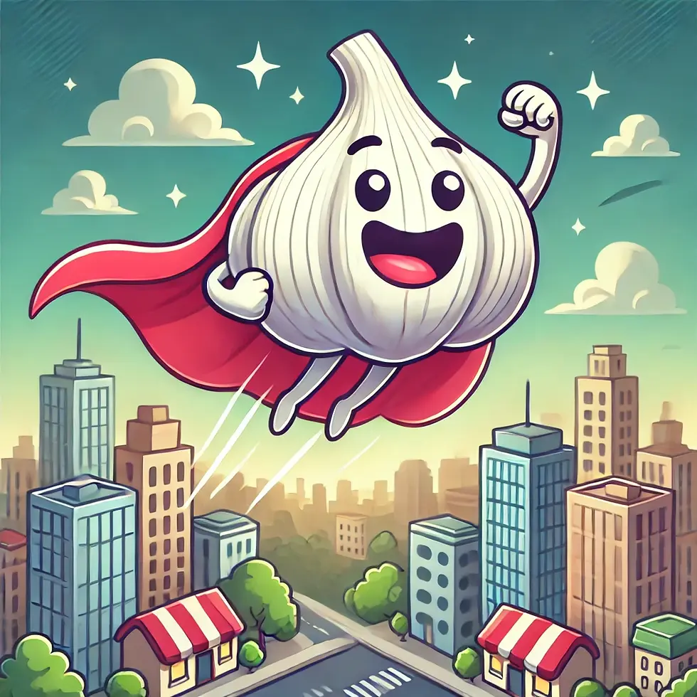 DALL·E 2024-07-23 14.47.42 - A cheerful illustration of a garlic bulb superhero flying abo