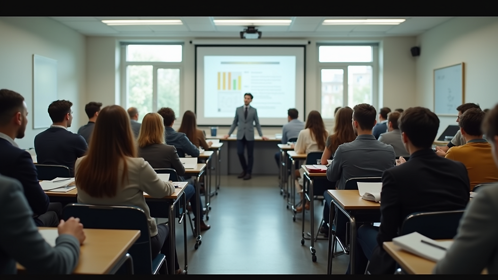 Wide angle view of a classroom setting with students engaged in a discussion