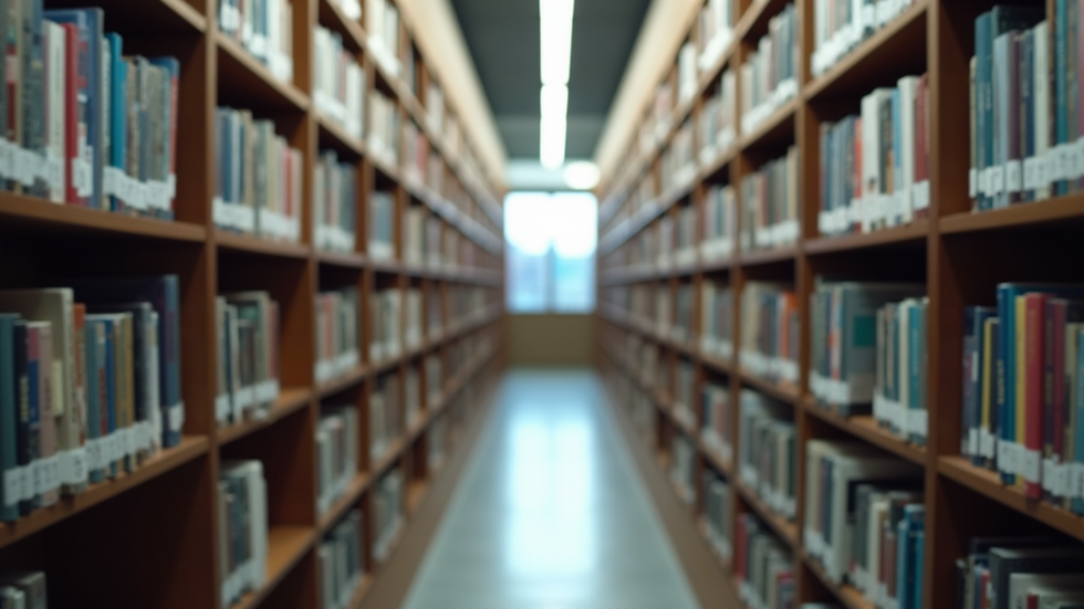 Wide angle view of a library filled with resources on healthcare access