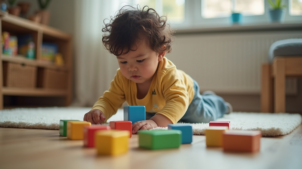 Eye-level view of a child playing with building blocks in a safe environment