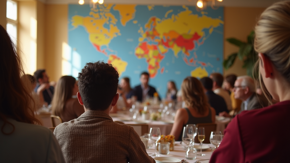 Wide angle view of a fundraising event for humanitarian aid