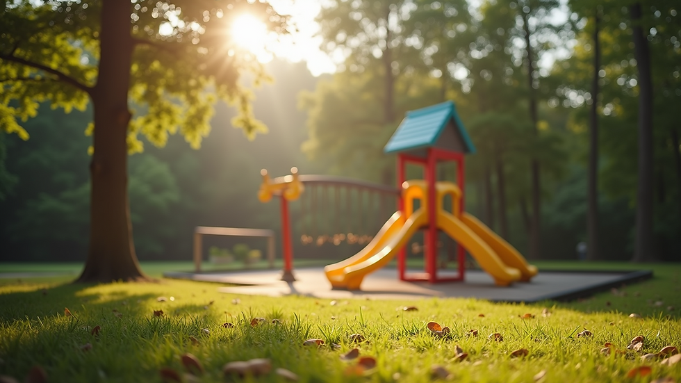 Close-up view of a serene playground surrounded by trees