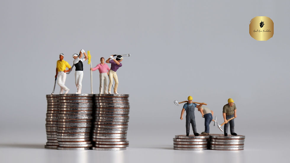 Concept of the gap between rich and poor. Miniature people standing on a pile of coins.