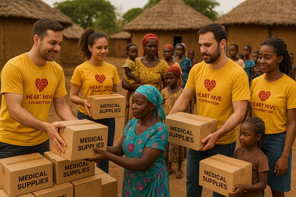 Heart Hive Foundation volunteers distributing medical supplies in an African village.
