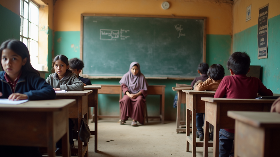 Eye-level view of a makeshift school in a refugee camp