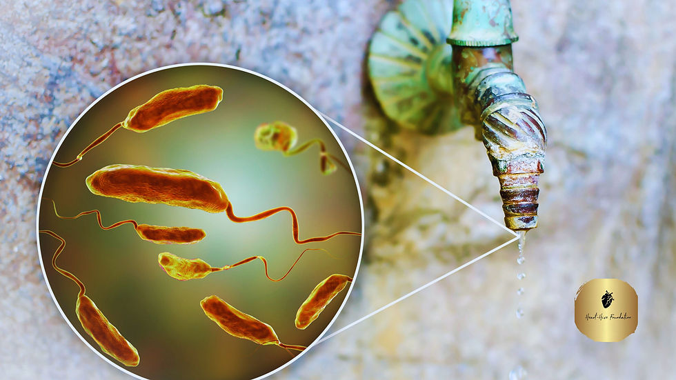 Safety of drinking water. Conceptual illustration and photo showing bacteria Vibrio cholerae in a drop of water from an old street tap.