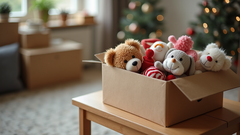 High angle view of a donation box filled with toys