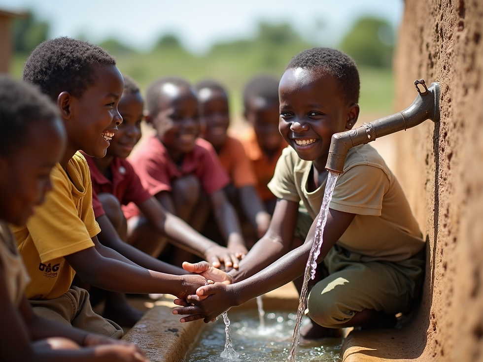Kids washing their hands from a clean water source.