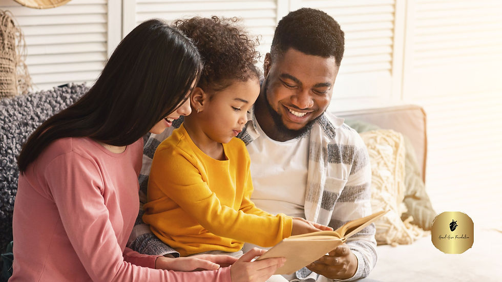Mixed race parents teaching their child.