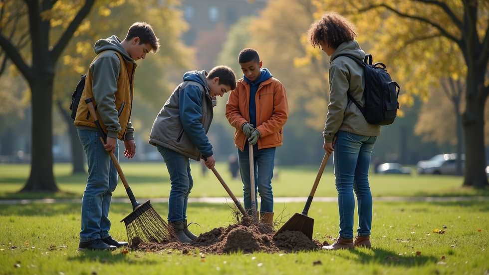 Eye-level view of a group of teenagers engaged in a community cleanup event