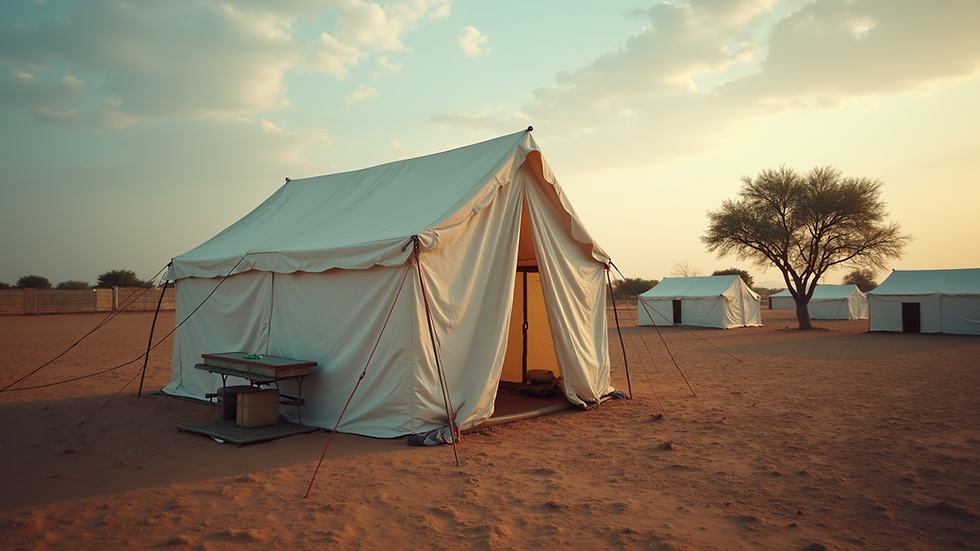Close-up view of a medical tent in a humanitarian aid camp