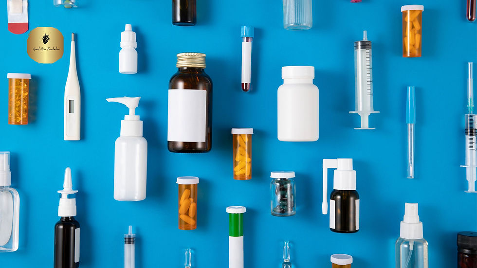 Medical supplies on blue background.