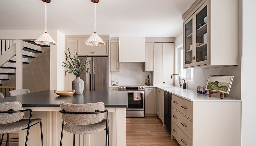 Contemporary kitchen renovation in Sud-Ouest featuring a curved plaster range hood, Dekton countertops, oversized island, and custom cabinetry.