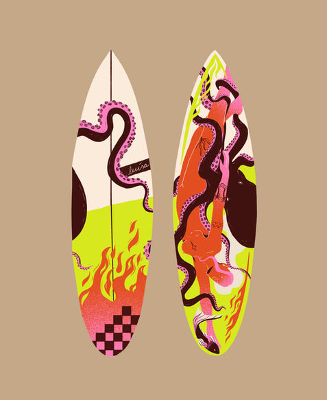 surfboard illustrtion with octupus and girl
