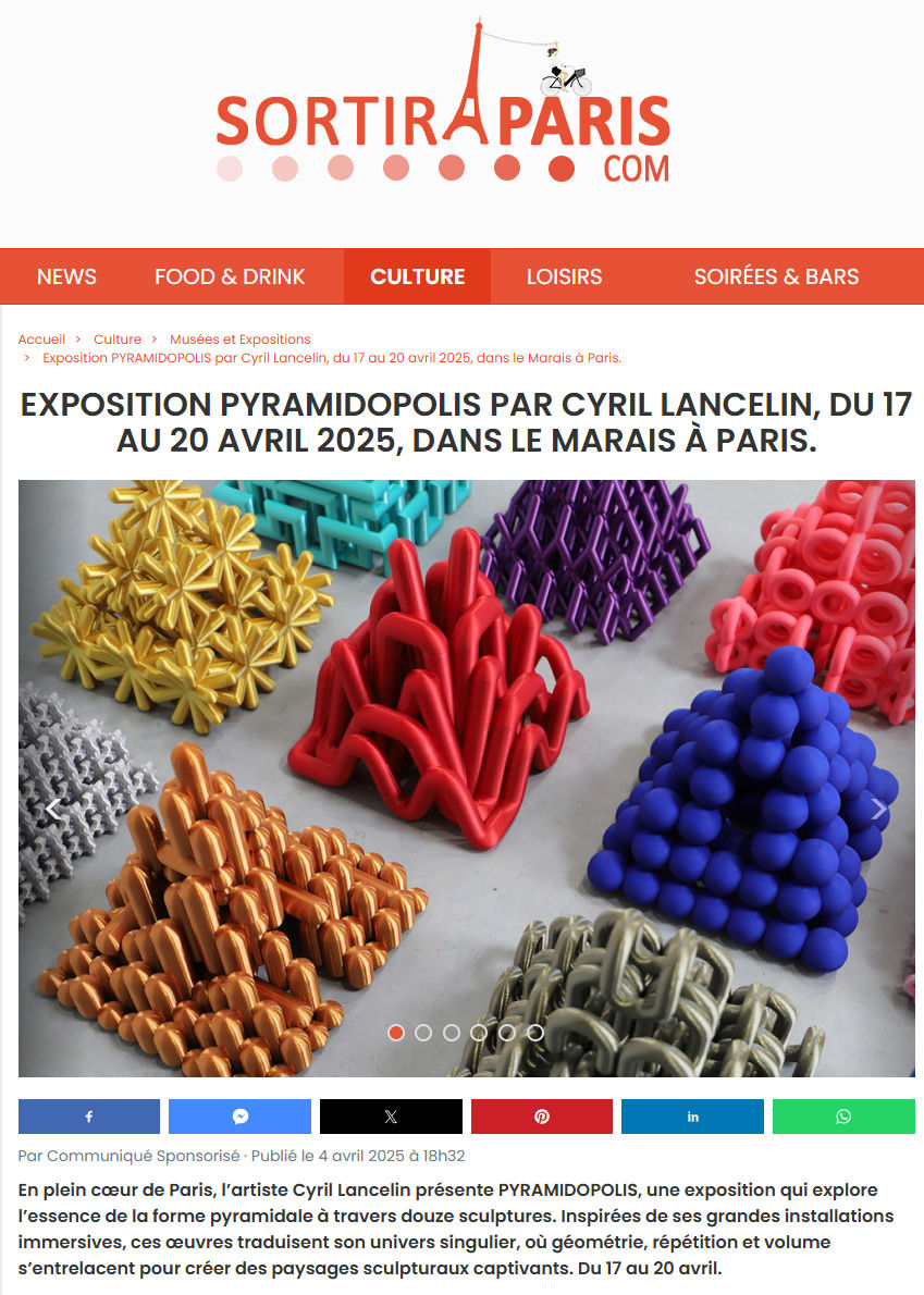 In the heart of Paris, artist Cyril Lancelin presents PYRAMIDOPOLIS, an exhibition exploring the essence of the pyramidal form through twelve sculptures. Inspired by his large-scale immersive installations, these works reflect his unique world, where geometry, repetition, and volume intertwine to create captivating sculptural landscapes. From April 17 to 20.