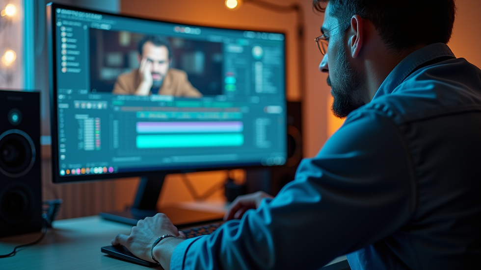 Close-up view of a video editor working on a high-resolution monitor