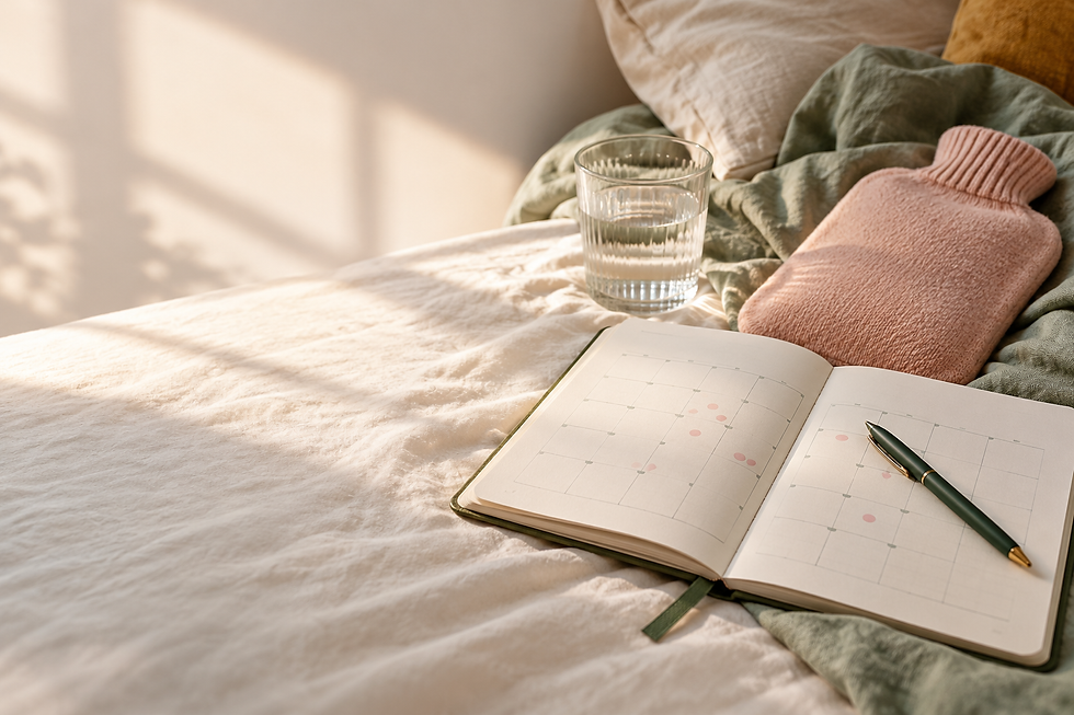 Calendar notebook, glass of water and pink hot-water bottle on cream and green bedding.