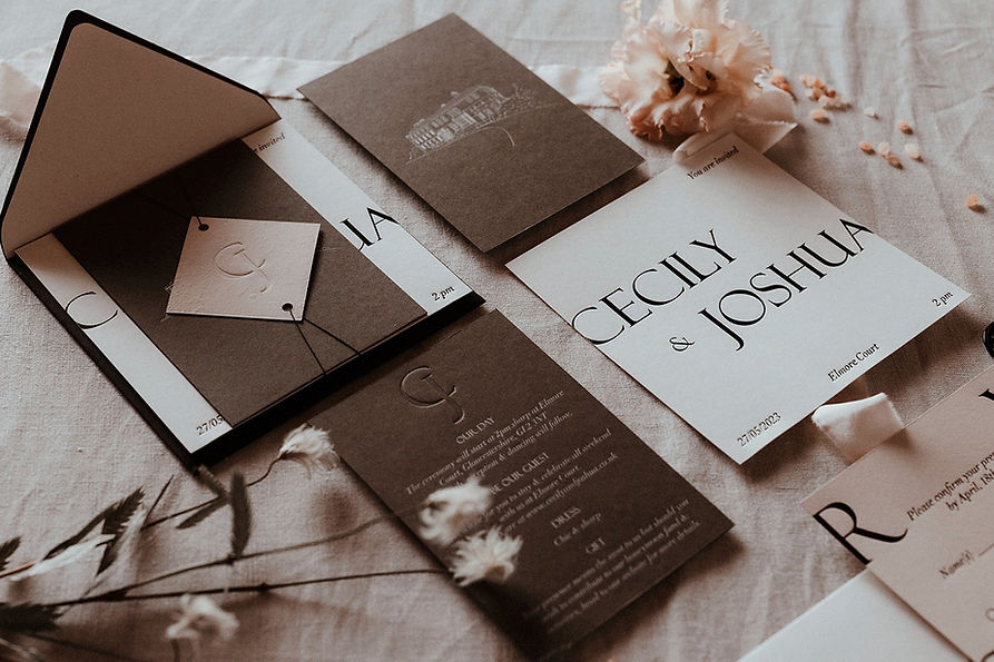 Soft blush wedding invitation suite with bold typography and elegant Elmore Court illustration