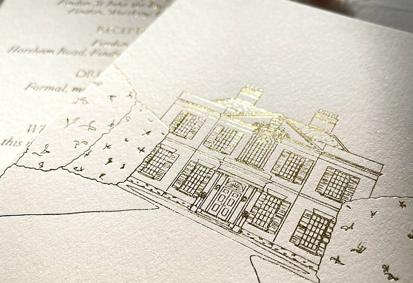 Luxurious details card with a bespoke gold foiled illustration of Findon Place