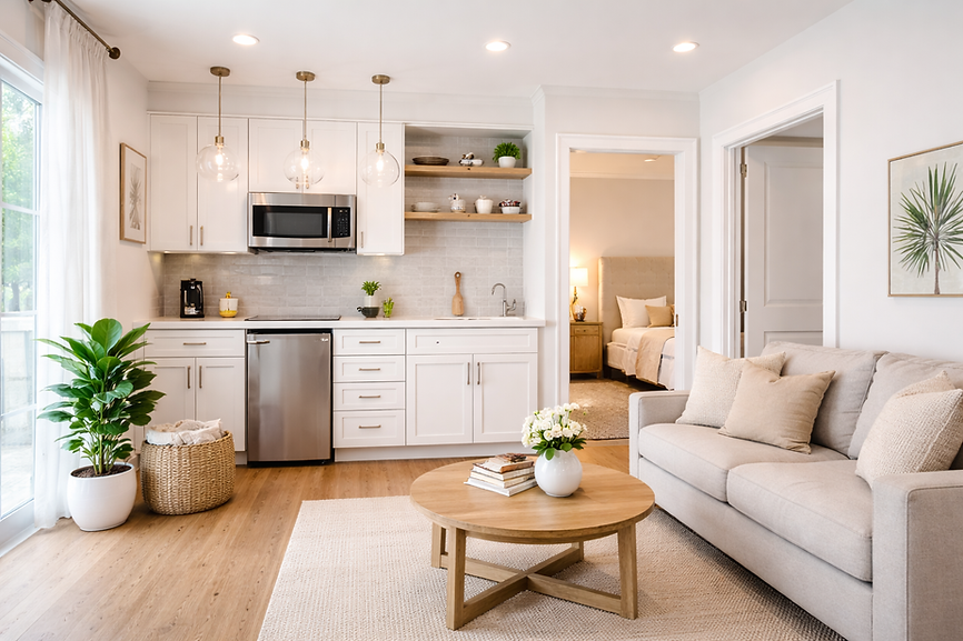Guest suite home addition with kitchenette, living room and bedroom entrance.png