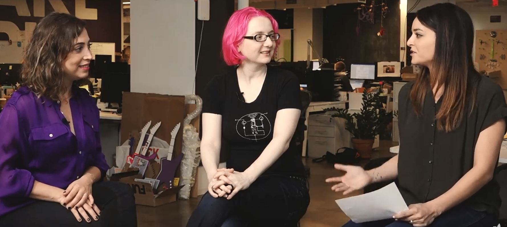 Ayah Bdeir and Limor Fried being interviewed at littlebits.