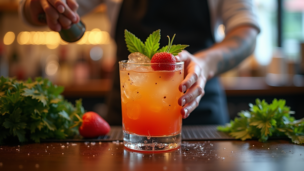 Close-up view of a bartender preparing a colorful cocktail with fresh ingredients
