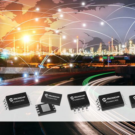 EEPROM da Microchip com endereço MAC EUI-48/64 para identificação segura de hardware em projetos IoT e industriais.