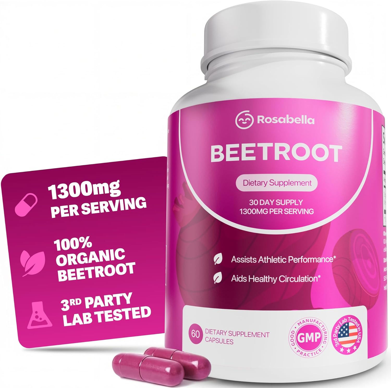Rosabella Organic Beet Root Capsules - 1300mg Beet Root Powder Aids Healthy Circ