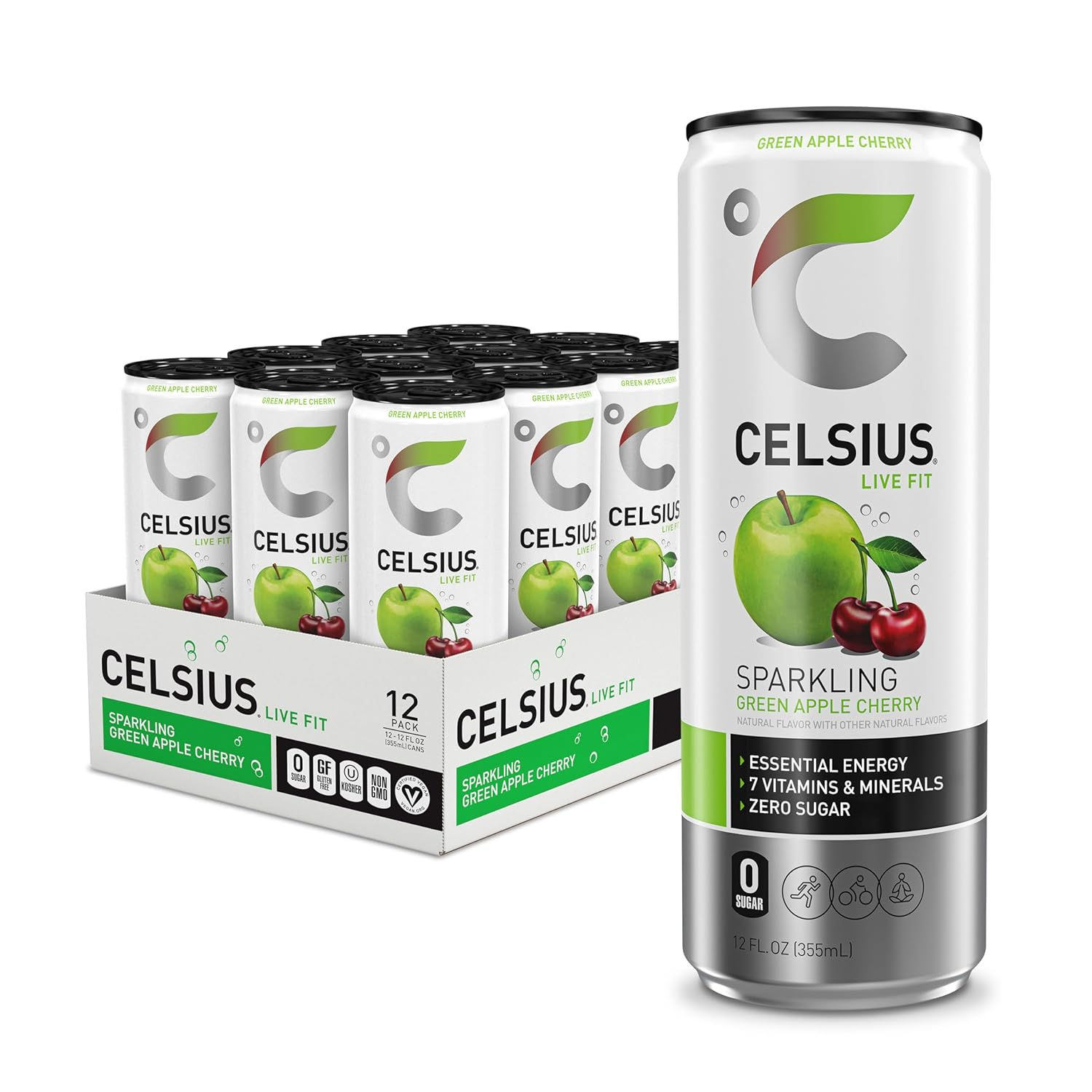 CELSIUS Sparkling Green Apple Cherry, Sugar Free Energy Drink, 12 Fl Oz (Pof12)