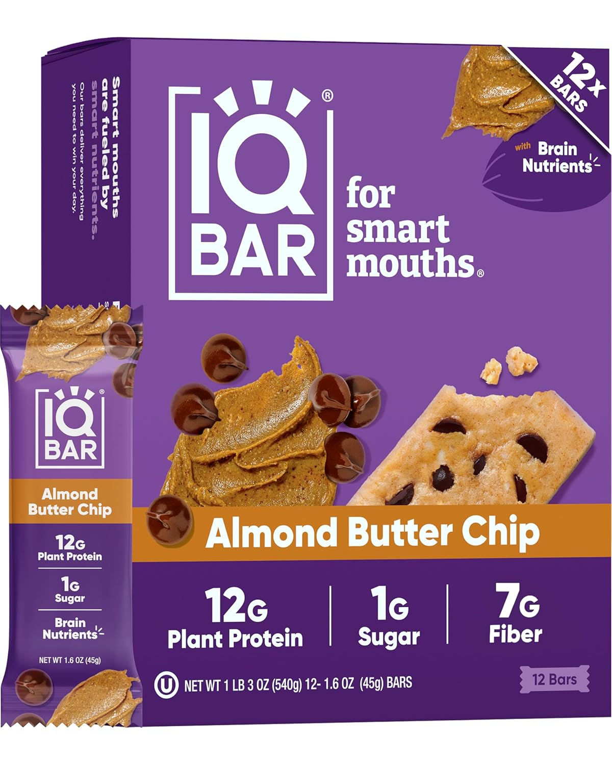 IQBAR Clean Protein Bars, Low Sugar Keto, Almond Butter Chip 12-Count | High Fib
