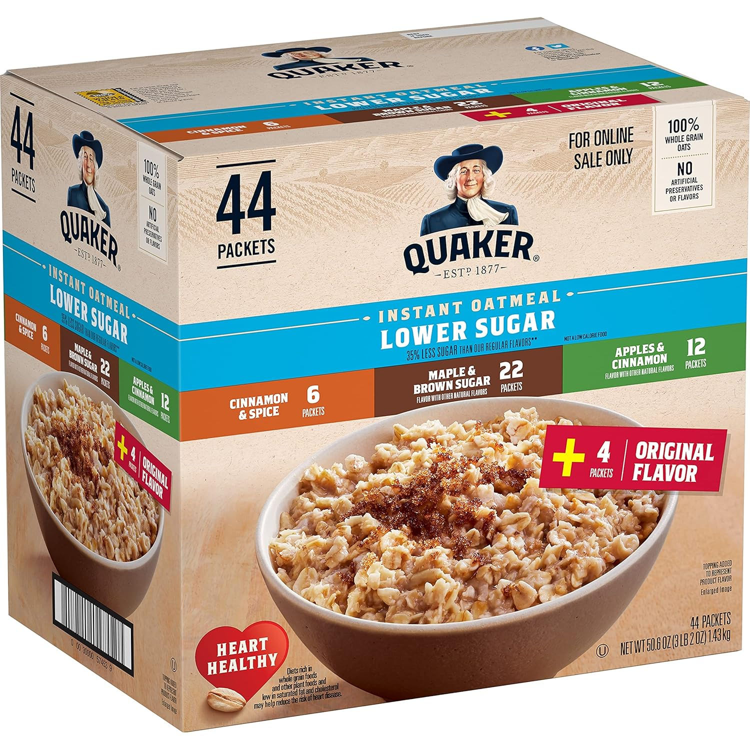 Quaker Instant Oatmeal Lower Sugar, 4 Flavor Variety Pack 44 Count (Pack of 1)