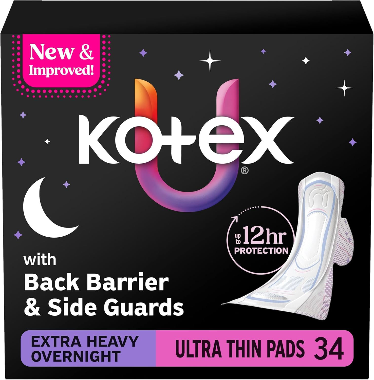 Kotex Ultra Thin Overnight Pads, Wings, Extra Heavy, 34 Count
