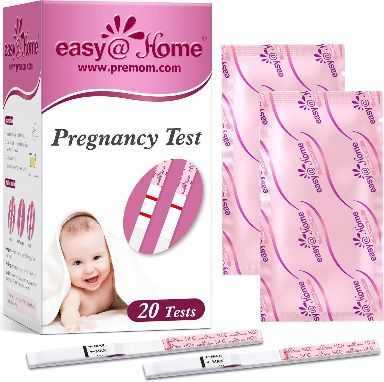 easy@Home 20 Pack Pregnancy Test Strips: Early Detection hCG Test Kit | 20 Bulk