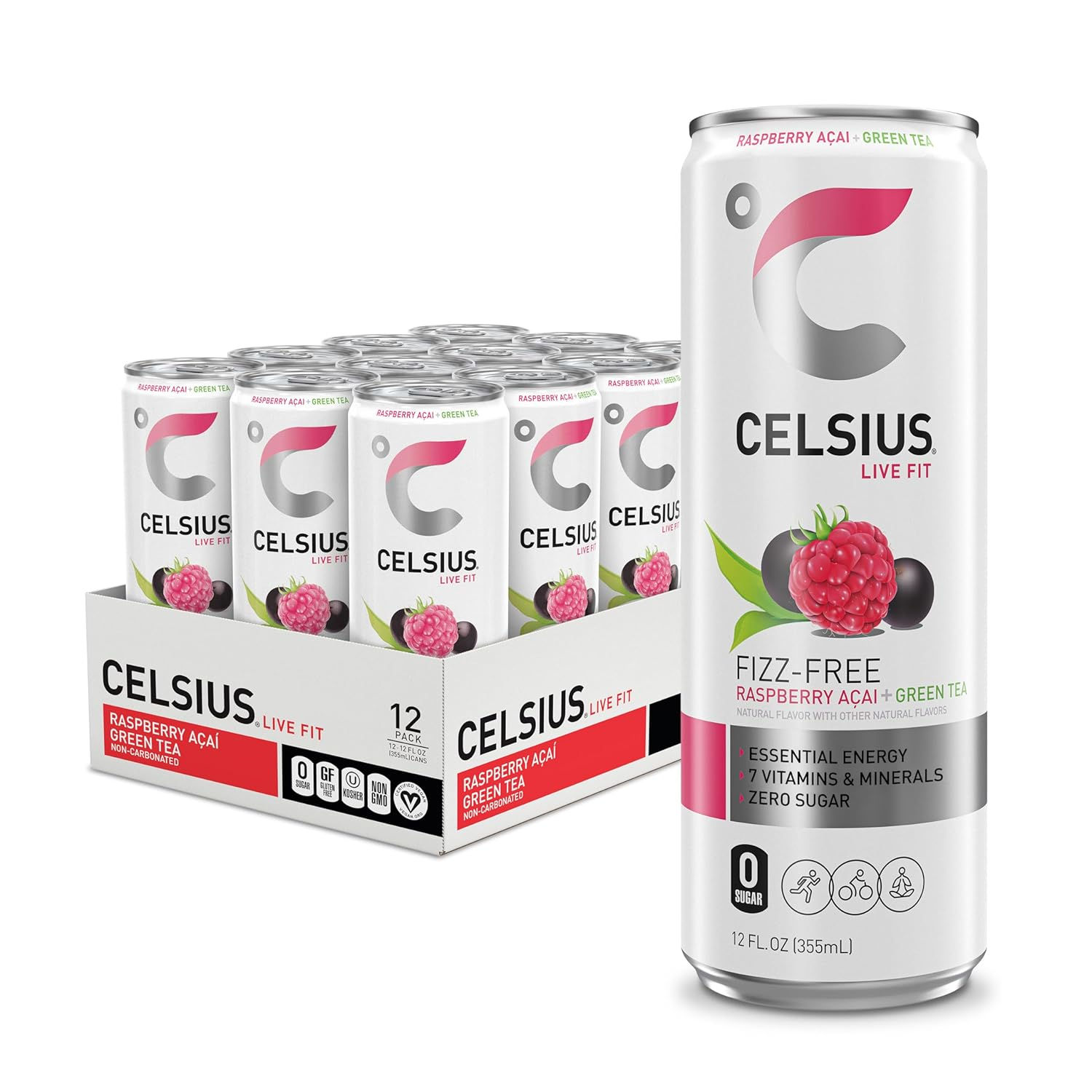 CELSIUS Fizz Free Raspberry Acai Green Tea, Sugar Free Energy Drink, 12 Fl Oz 12