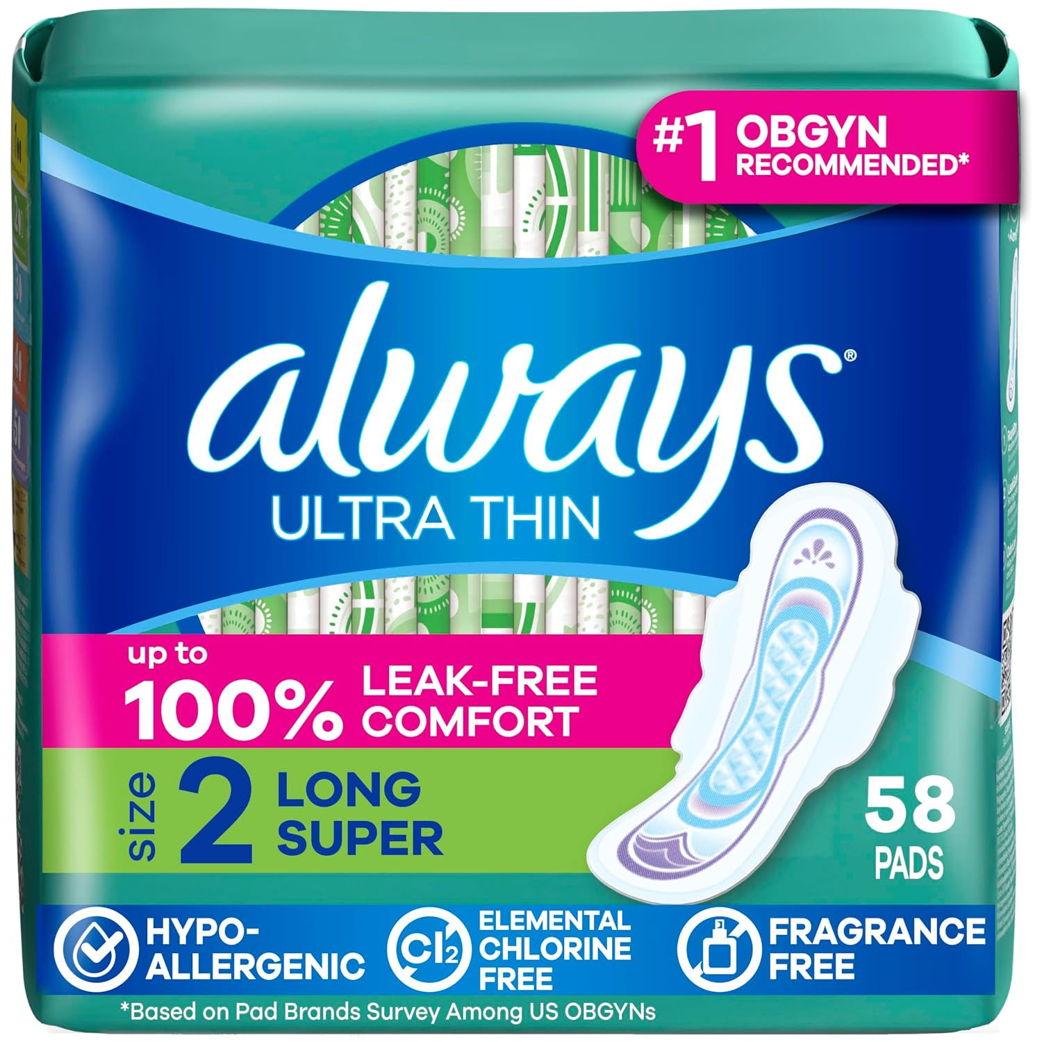 Always Ultra Thin Feminine Pads with Wings for Women, Size 2, Long Super Absorbe