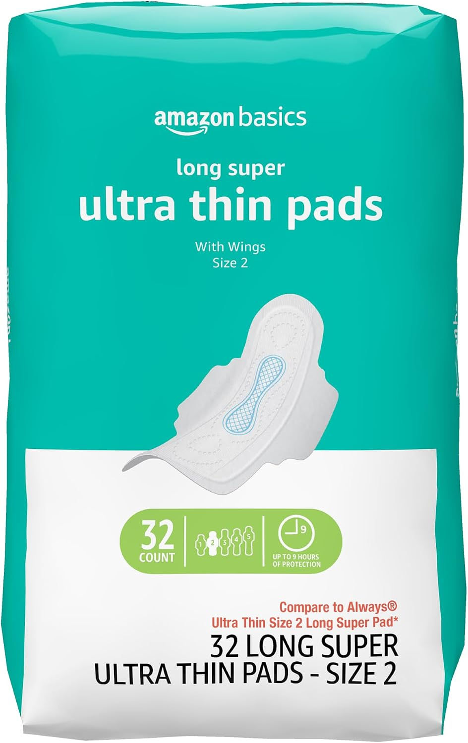 Amazon Basics Menstrual Pads for Women With Flexi-Wings, Long Length, Size 2, Su
